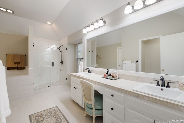 14706 War Admiral, San Antonio, TX 78248 - bathroom featuring a shower stall, double vanity, lofted ceiling, and tile patterned flooring