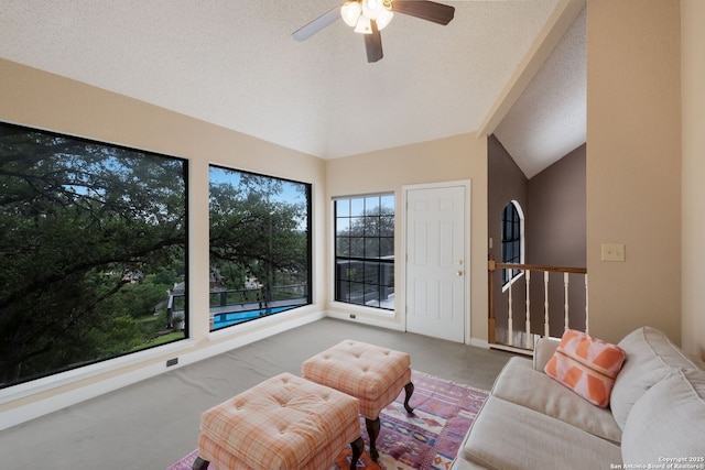 14706 War Admiral, San Antonio, TX 78248 - carpeted living room featuring vaulted ceiling and a ceiling fan