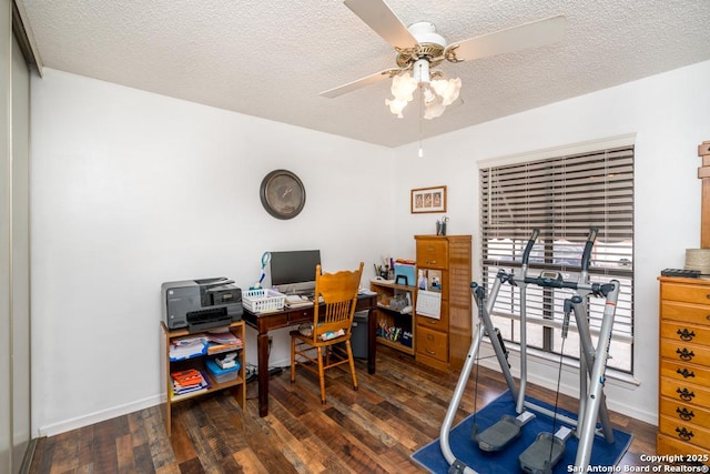 5823 Archwood, San Antonio, TX 78239 - home office featuring wood finished floors, ceiling fan, a textured ceiling, and baseboards