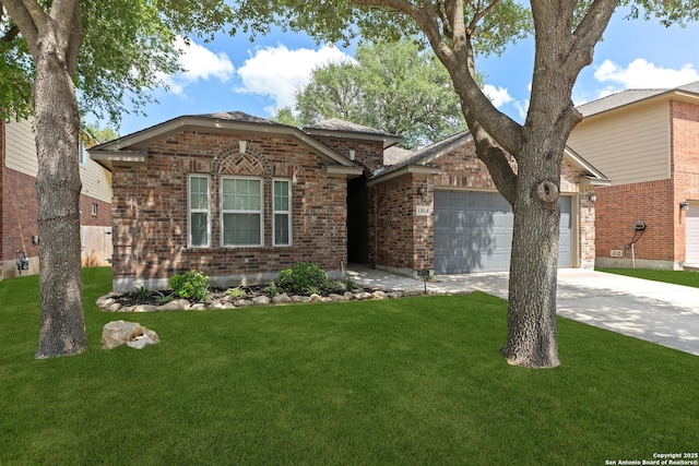 13014 Essen, Helotes, TX 78023 - view of front of house with concrete driveway, brick siding, a garage, and a front lawn
