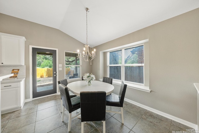 13014 Essen, Helotes, TX 78023 - dining room featuring vaulted ceiling, a chandelier, baseboards, and light tile patterned floors
