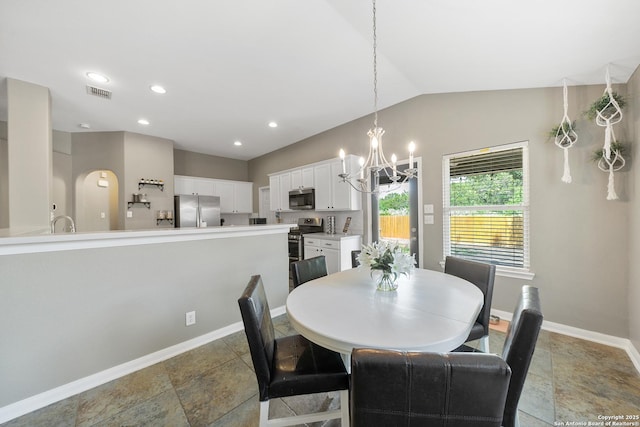 13014 Essen, Helotes, TX 78023 - dining room featuring a chandelier, lofted ceiling, baseboards, recessed lighting, and stone finish floors