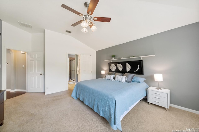 13014 Essen, Helotes, TX 78023 - bedroom with vaulted ceiling, carpet flooring, baseboards, ceiling fan, and connected bathroom