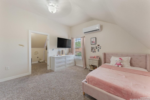 8608 S Foster Rd, San Antonio, TX 78222 - carpeted bedroom with a wall mounted AC, vaulted ceiling, and baseboards