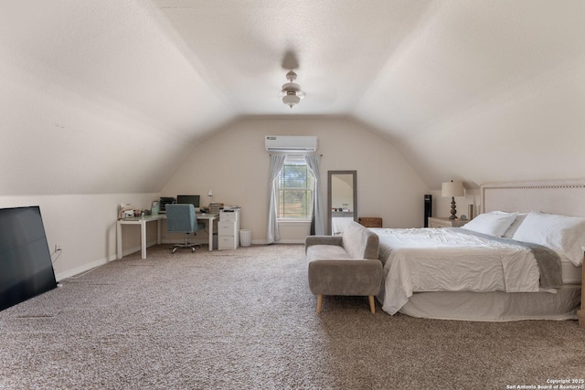 8608 S Foster Rd, San Antonio, TX 78222 - bedroom featuring an office area, carpet, a wall mounted AC, vaulted ceiling, and baseboards