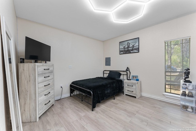 8608 S Foster Rd, San Antonio, TX 78222 - bedroom with baseboards, electric panel, and light wood-style flooring