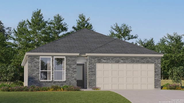 8981 Gila Rdg, Seguin, TX 78155 - view of front of house featuring a garage, concrete driveway, a front lawn, stone siding, and a shingled roof