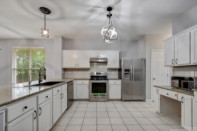 1947 Walter Raleigh, Windcrest, TX 78239 - kitchen featuring stainless steel appliances, a sink, under cabinet range hood, backsplash, and white cabinetry
