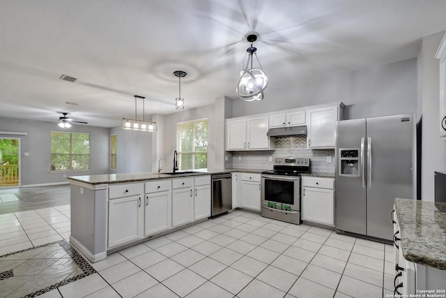 1947 Walter Raleigh, Windcrest, TX 78239 - kitchen featuring appliances with stainless steel finishes, under cabinet range hood, a sink, a peninsula, and decorative backsplash
