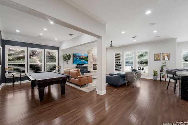 314 Regent Cir, Shavano Park, TX 78231 - playroom with ornamental molding, dark wood-style floors, billiards table, recessed lighting, and ceiling fan