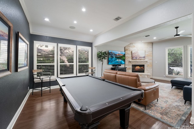 314 Regent Cir, Shavano Park, TX 78231 - game room featuring wood finished floors, crown molding, a fireplace, baseboards, and ceiling fan