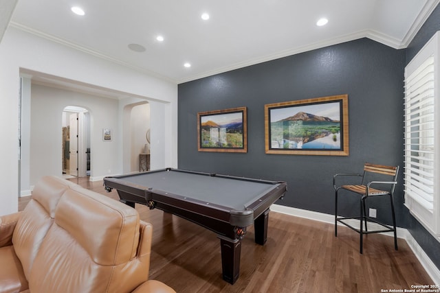 314 Regent Cir, Shavano Park, TX 78231 - recreation room featuring arched walkways, crown molding, wood finished floors, recessed lighting, and billiards