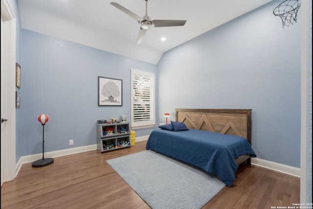 314 Regent Cir, Shavano Park, TX 78231 - bedroom with wood finished floors, lofted ceiling, baseboards, a ceiling fan, and recessed lighting