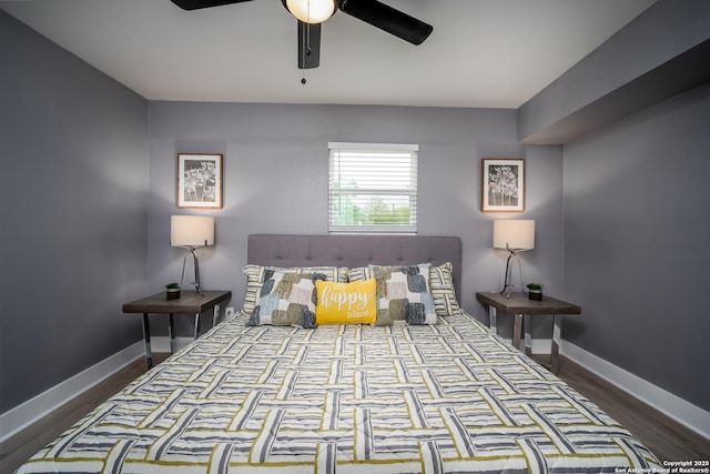 128 Blanco, San Antonio, TX 78212 - bedroom with wood finished floors, baseboards, and a ceiling fan