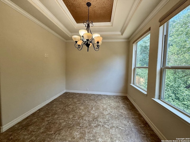 1410 Melanie, San Antonio, TX 78258 - spare room with a raised ceiling, a chandelier, crown molding, and baseboards