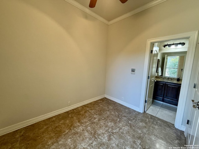 1410 Melanie, San Antonio, TX 78258 - tiled empty room with ornamental molding, a ceiling fan, and baseboards
