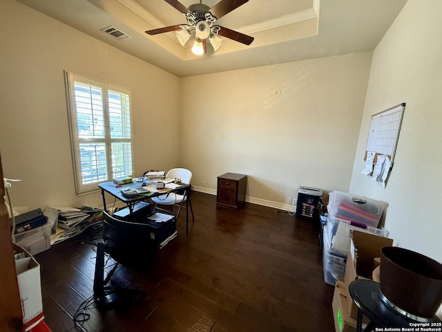 1410 Melanie, San Antonio, TX 78258 - home office featuring a raised ceiling, a ceiling fan, dark wood finished floors, and baseboards