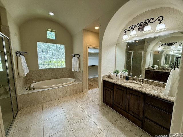 1410 Melanie, San Antonio, TX 78258 - full bathroom with a stall shower, vanity, a bath, tile patterned floors, and recessed lighting