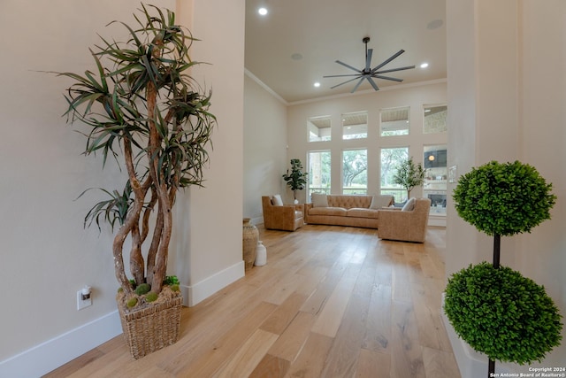 507 Arthur Ct, Spring Branch, TX 78070 - living area featuring ornamental molding, light wood-style floors, baseboards, ceiling fan, and recessed lighting