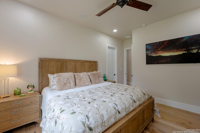 507 Arthur Ct, Spring Branch, TX 78070 - bedroom featuring light wood-type flooring, baseboards, recessed lighting, and a ceiling fan