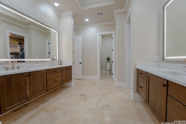 507 Arthur Ct, Spring Branch, TX 78070 - full bathroom with ornamental molding, vanity, toilet, recessed lighting, and stone finish flooring