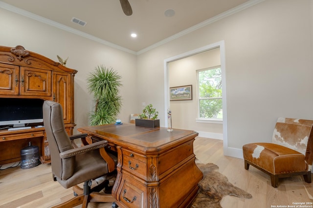 507 Arthur Ct, Spring Branch, TX 78070 - home office featuring light wood finished floors, ornamental molding, baseboards, a ceiling fan, and recessed lighting