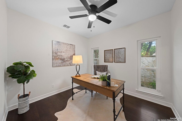104 Kendall Rdg, Boerne, TX 78015 - office area featuring baseboards, wood finished floors, and a ceiling fan