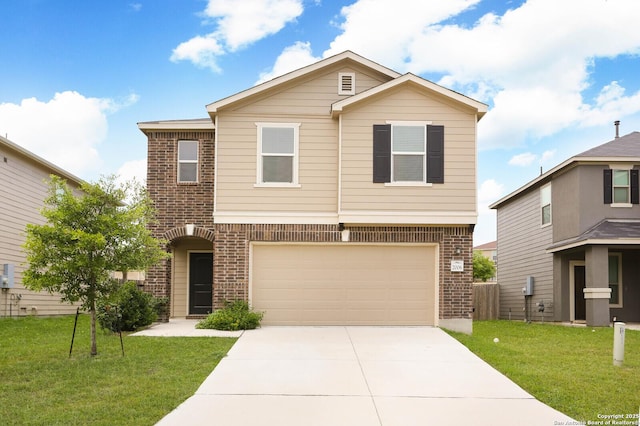 2006 Prometheus Cv, San Antonio, TX 78245 - view of front of home with brick siding, concrete driveway, a garage, and a front lawn
