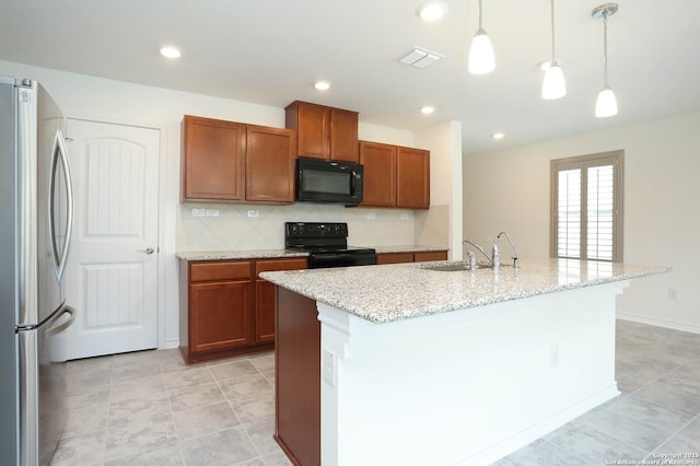 2006 Prometheus Cv, San Antonio, TX 78245 - kitchen with black appliances, a sink, backsplash, pendant lighting, and light stone counters