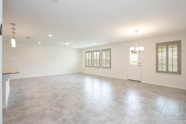 2006 Prometheus Cv, San Antonio, TX 78245 - unfurnished living room with a chandelier, light tile patterned floors, recessed lighting, and baseboards