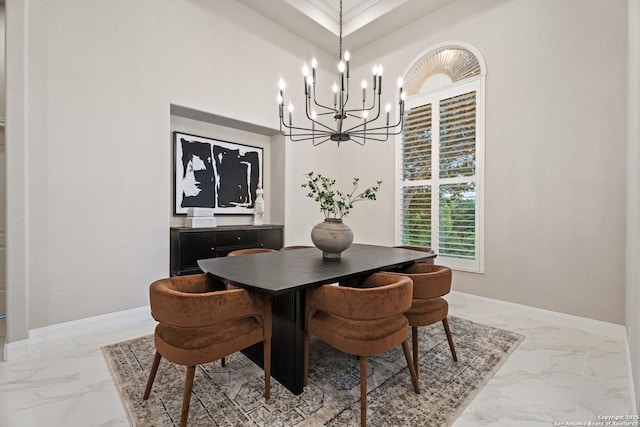 3 Benchwood Cir, San Antonio, TX 78248 - dining room featuring light marble finish floors, a chandelier, and baseboards