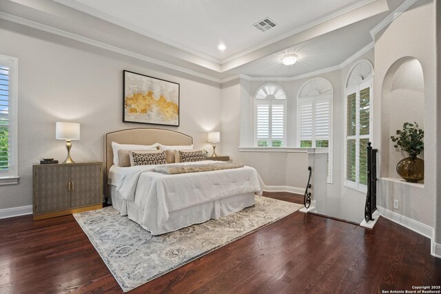 3 Benchwood Cir, San Antonio, TX 78248 - bedroom featuring wood finished floors, crown molding, baseboards, and a tray ceiling
