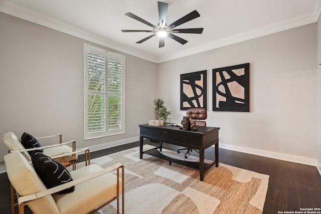 3 Benchwood Cir, San Antonio, TX 78248 - office space with baseboards, ornamental molding, wood-type flooring, and ceiling fan