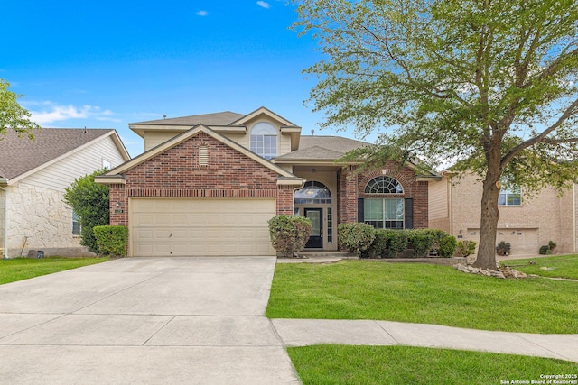 6218 Ozona Ml, San Antonio, TX 78253 - traditional-style home with brick siding, an attached garage, and a front lawn