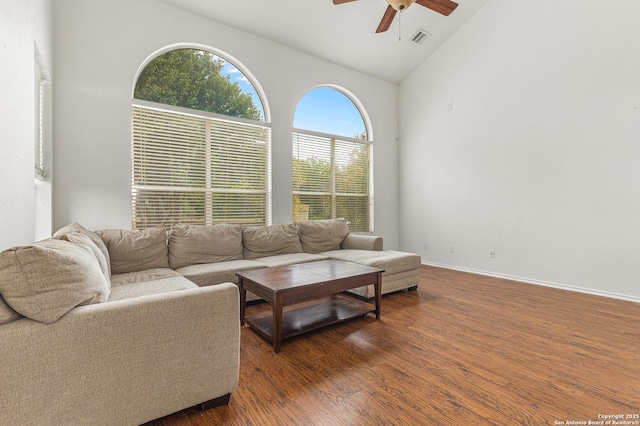 6218 Ozona Ml, San Antonio, TX 78253 - living area with ceiling fan, wood finished floors, high vaulted ceiling, and baseboards