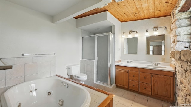 1001 Naked Indian, New Braunfels, TX 78132 - bathroom featuring wooden ceiling, toilet, double vanity, a tub with jets, and a stall shower