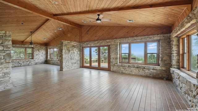 1001 Naked Indian, New Braunfels, TX 78132 - unfurnished living room featuring ceiling fan, wood ceiling with exposed beams, hardwood / wood-style floors, and high vaulted ceiling