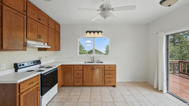 1001 Naked Indian, New Braunfels, TX 78132 - kitchen featuring electric stove, under cabinet range hood, a sink, light countertops, and light tile patterned floors