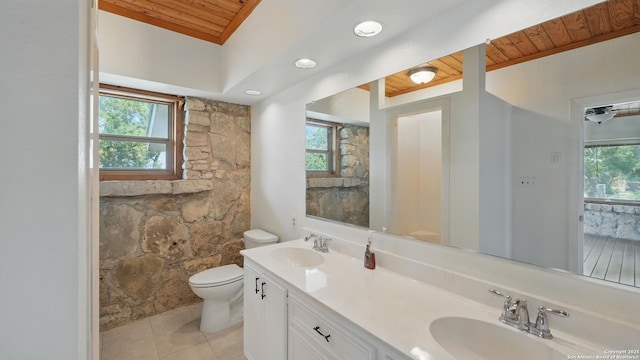 1001 Naked Indian, New Braunfels, TX 78132 - bathroom featuring toilet, double vanity, tile patterned floors, and wood ceiling