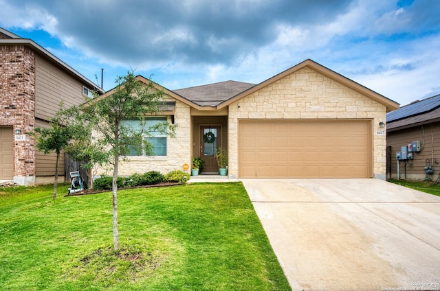 6417 Hoffman Pln, San Antonio, TX 78252 - single story home featuring a garage, concrete driveway, stone siding, and a front yard