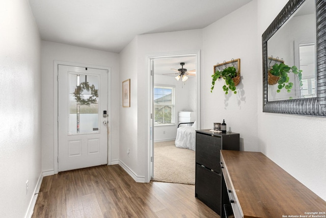 6417 Hoffman Pln, San Antonio, TX 78252 - entryway featuring wood finished floors, ceiling fan, and baseboards