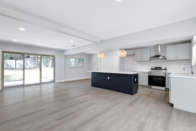5411 Lancashire, San Antonio, TX 78230 - kitchen with electric range, wall chimney range hood, a sink, light wood finished floors, and baseboards