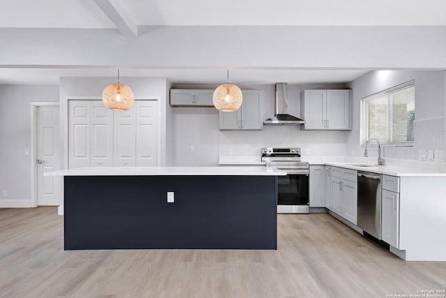 5411 Lancashire, San Antonio, TX 78230 - kitchen featuring appliances with stainless steel finishes, wall chimney exhaust hood, a sink, light wood-style flooring, and light countertops