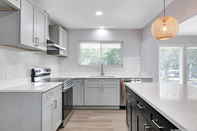 5411 Lancashire, San Antonio, TX 78230 - kitchen with stainless steel appliances, a sink, exhaust hood, light wood-style flooring, and backsplash