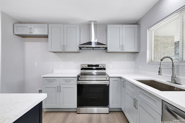 5411 Lancashire, San Antonio, TX 78230 - kitchen with appliances with stainless steel finishes, wall chimney range hood, a sink, light wood finished floors, and gray cabinets