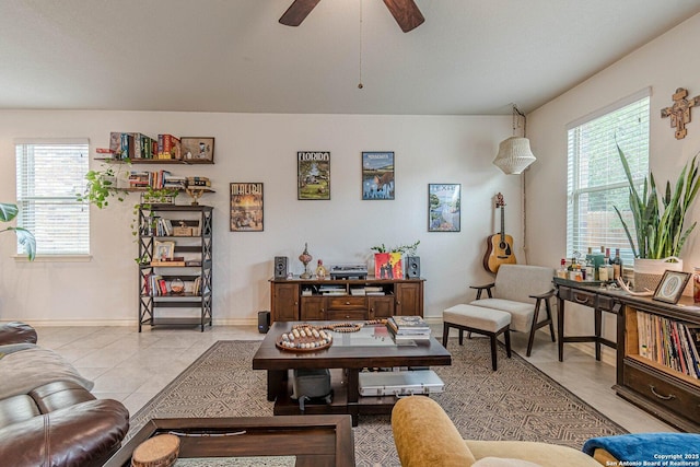 124 Mary Max Cir, San Marcos, TX 78666 - living area featuring plenty of natural light, light tile patterned floors, baseboards, and ceiling fan