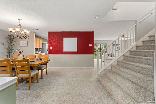 18718 Legend Oaks, San Antonio, TX 78259 - dining area with stairway, a chandelier, light colored carpet, baseboards, and a textured ceiling