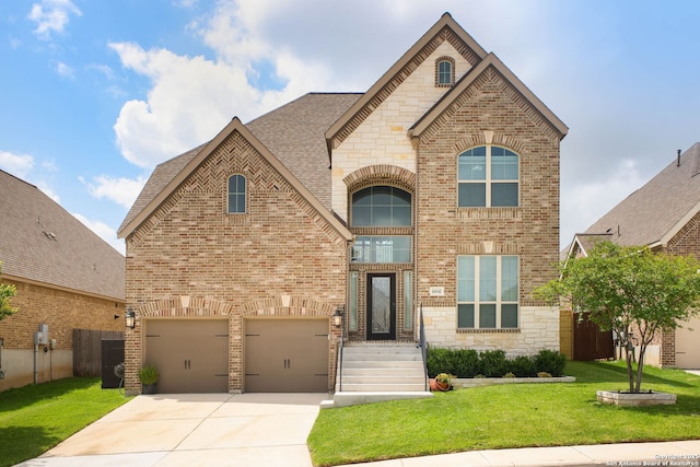 14042 Gemma, San Antonio, TX 78253 - view of front of house featuring an attached garage, brick siding, concrete driveway, stone siding, and a shingled roof