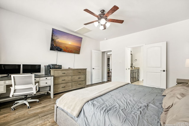 14042 Gemma, San Antonio, TX 78253 - bedroom with light wood-style flooring, a desk, ceiling fan, and ensuite bath