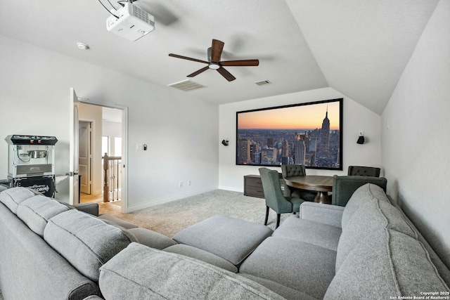 14042 Gemma, San Antonio, TX 78253 - cinema featuring carpet flooring, a ceiling fan, baseboards, and lofted ceiling